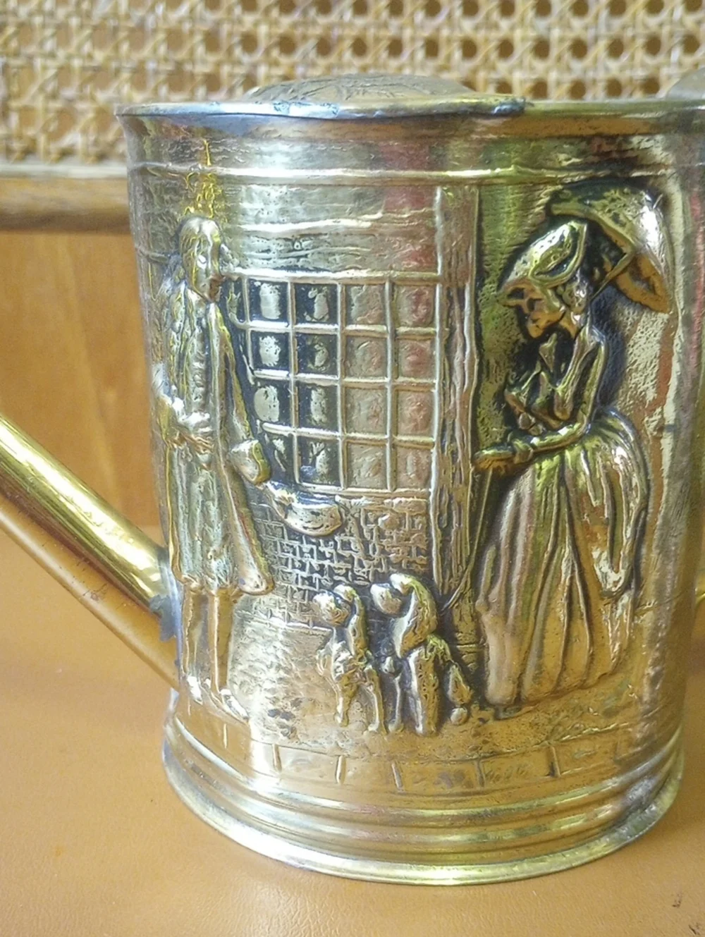 Vintage Molded Brass Watering Can w/ Colonial Historical Figures & Dogs